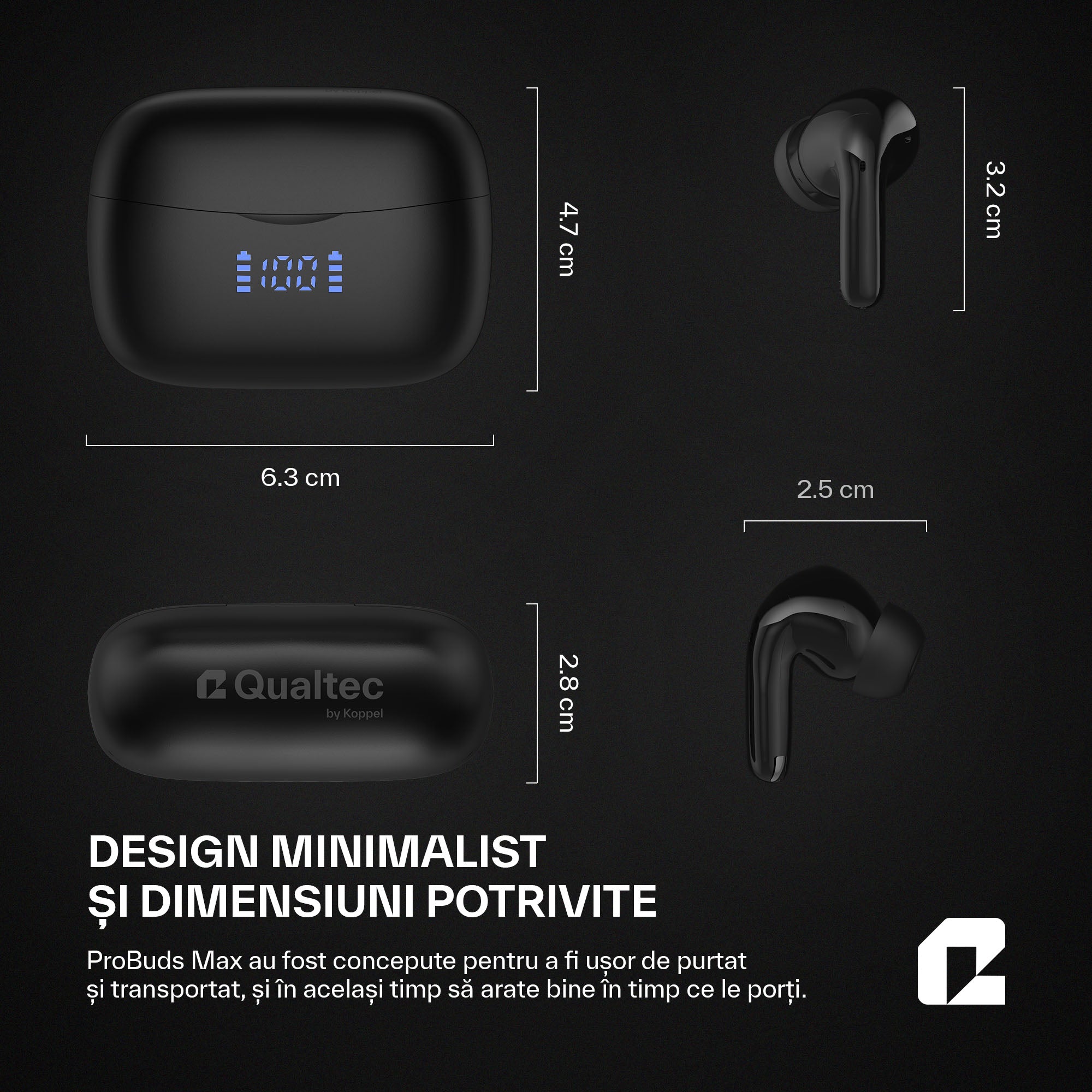 Casti Wireless Buds In-Ear Qualtec by Koppel®, ProBuds Max, Negru