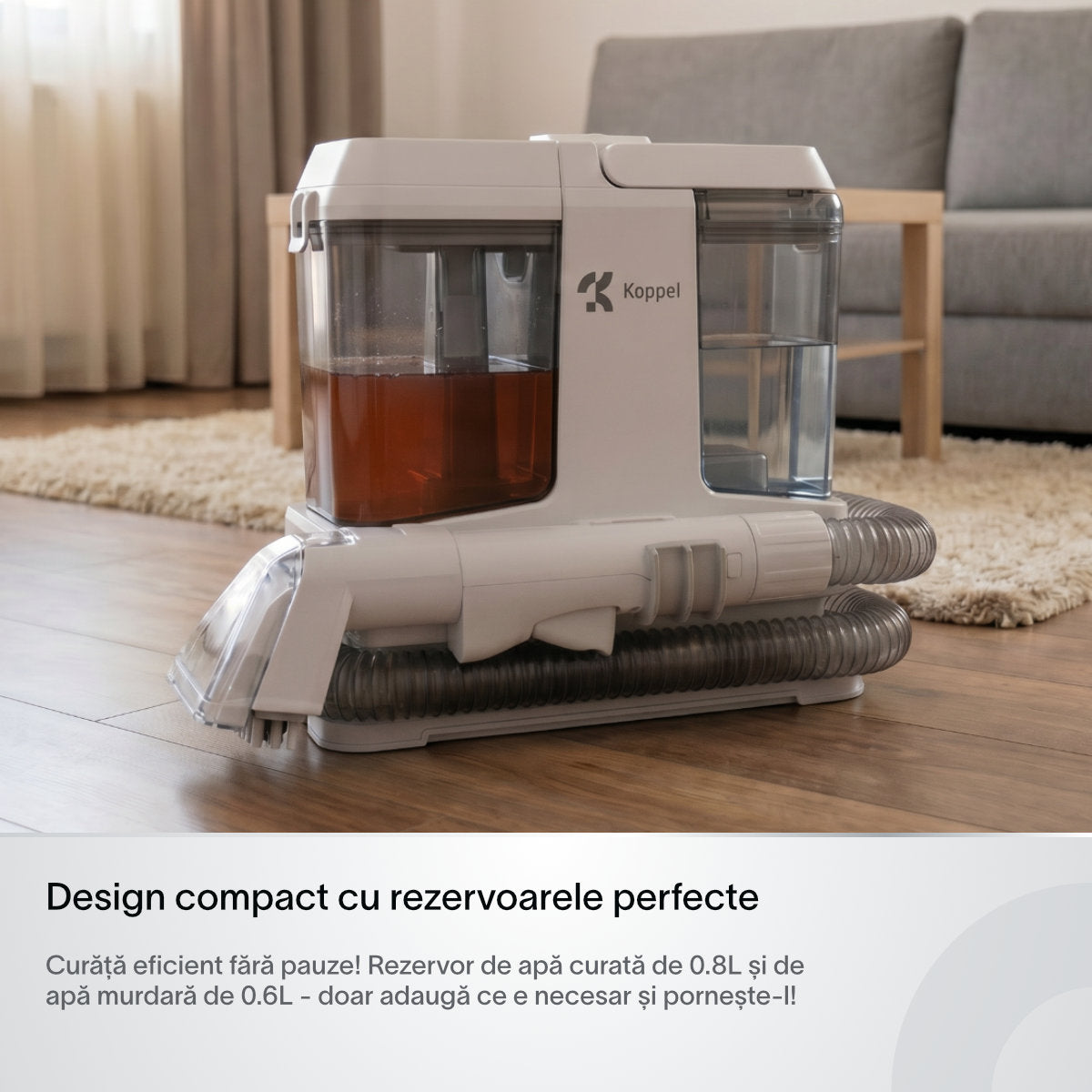 Aspirator cu spalare injectie-extractie Koppel® AI10, putere 9kPa, aspirator cu apa profesional umed-uscat, curatare tapiterie, covoare, canapele, pentru casa & auto, tub auto curatare, auto-stop rezervor plin, rezervoare 0.8l si 0.6l, alb