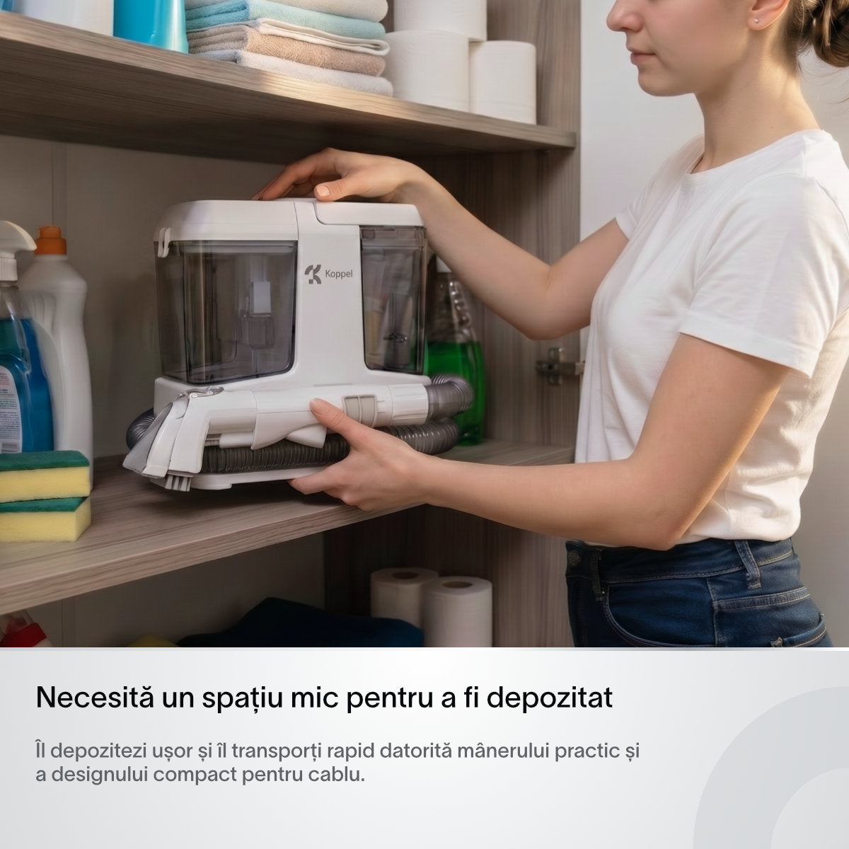 Aspirator cu spalare injectie-extractie Koppel® AI10, putere 9kPa, aspirator cu apa profesional umed-uscat, curatare tapiterie, covoare, canapele, pentru casa & auto, tub auto curatare, auto-stop rezervor plin, rezervoare 0.8l si 0.6l, alb
