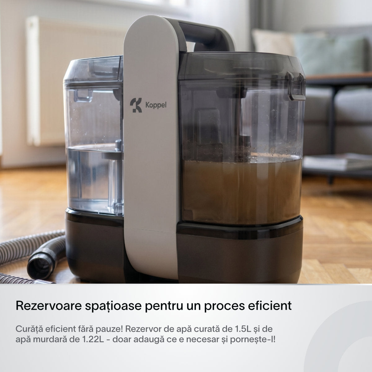 Aspirator cu spalare injectie-extractie Koppel® AI11, putere 14kPa, aspirator cu apa profesional umed-uscat, curatare tapiterie, covoare, canapele, pentru casa & auto, tub auto curatare, auto-stop rezervor plin, rezervoare 1.5l si 1.2l, negru