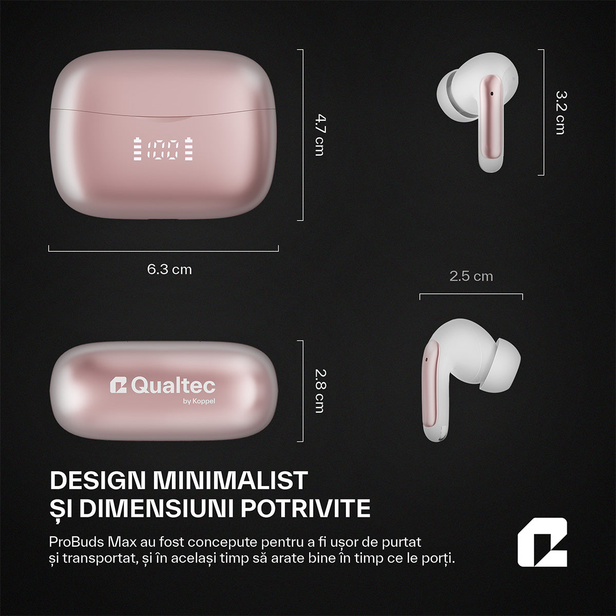 Casti Wireless Buds In-Ear Qualtec by Koppel®, ProBuds Max, Rose Gold