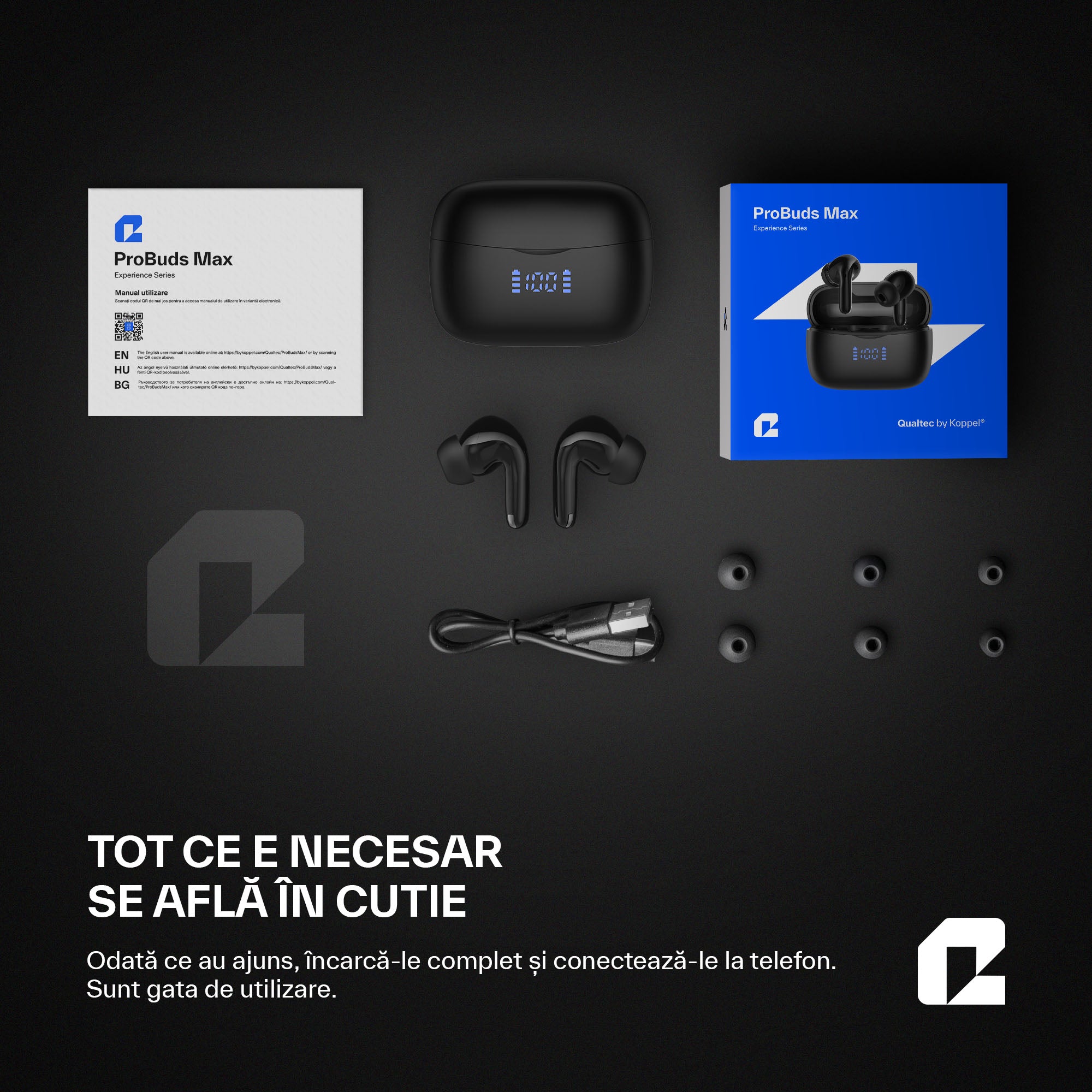 Căsti wireless Bluetooth cu noise cancelling, ProBuds Max, negru