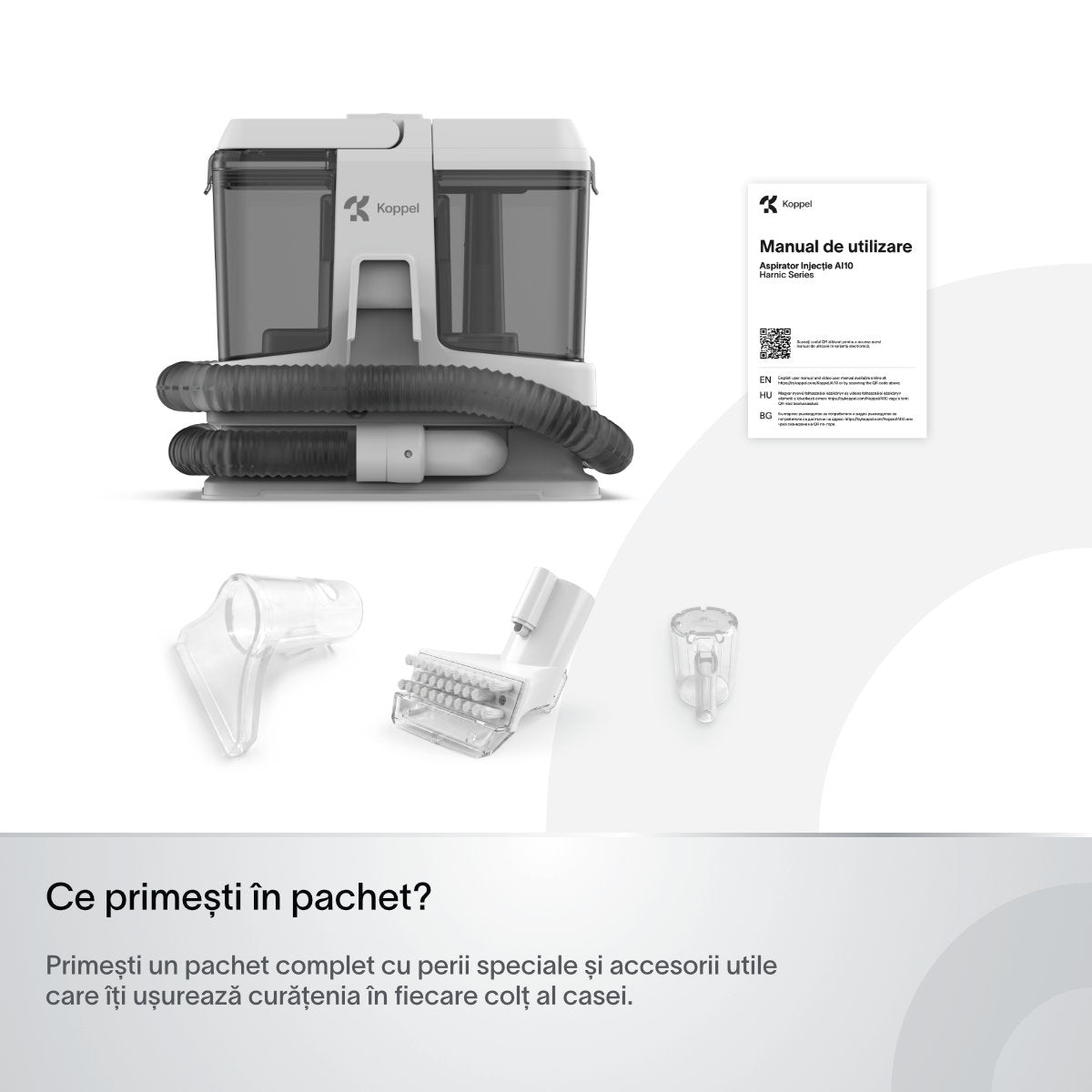 Aspirator cu spalare injectie-extractie Koppel® AI10, putere 9kPa, aspirator cu apa profesional umed-uscat, curatare tapiterie, covoare, canapele, pentru casa & auto, tub auto curatare, auto-stop rezervor plin, rezervoare 0.8l si 0.6l, alb