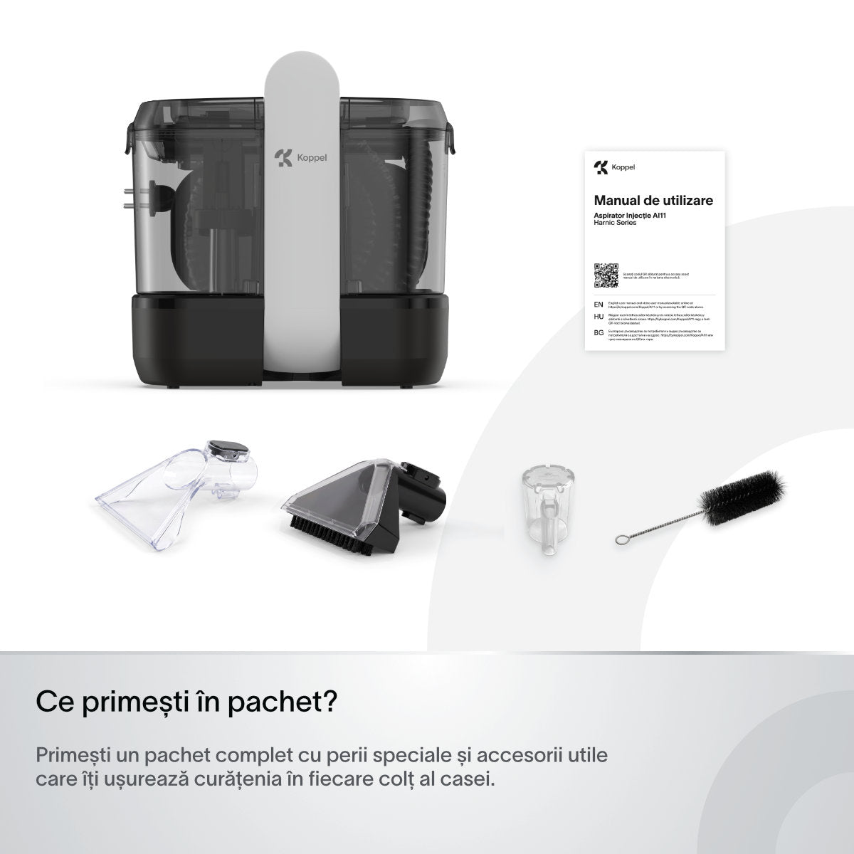 Aspirator cu spalare injectie-extractie Koppel® AI11, putere 14kPa, aspirator cu apa profesional umed-uscat, curatare tapiterie, covoare, canapele, pentru casa & auto, tub auto curatare, auto-stop rezervor plin, rezervoare 1.5l si 1.2l, negru