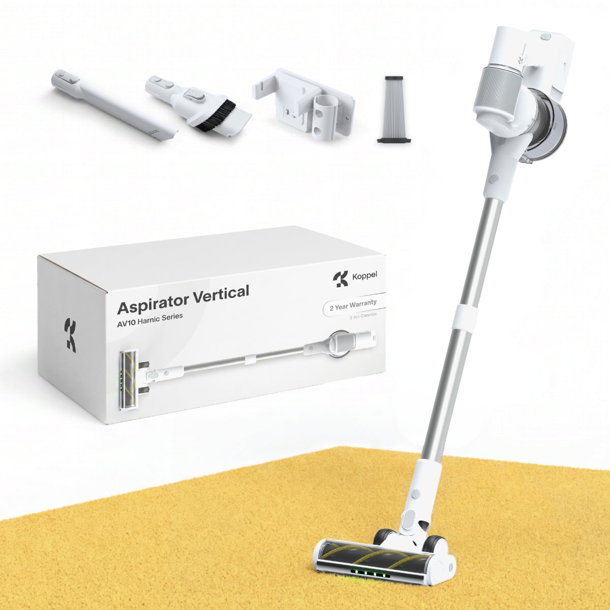 Aspirator vertical fara fir Koppel® AV10 linia Harnic, 250W, 32kPa, acumulator 8 celule autonomie 55 min, aspirator vertical & mana auto, masina, portabil, tub telescopic, suport perete incarcare wireless, filtrare ciclonica HEPA, display, perie LED, alb