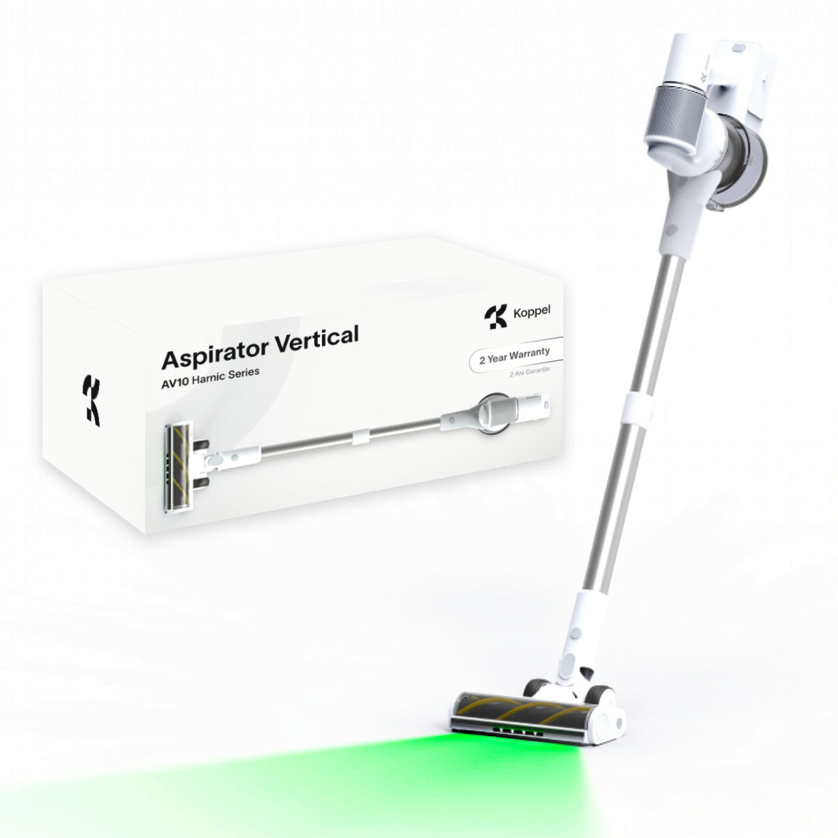 Aspirator vertical fara fir Koppel® AV10 linia Harnic, 450W, 32kPa, acumulator 8 celule autonomie 55 min, aspirator vertical & mana auto, masina, portabil, tub telescopic, suport perete incarcare wireless, filtrare ciclonica HEPA, display, perie LED, alb