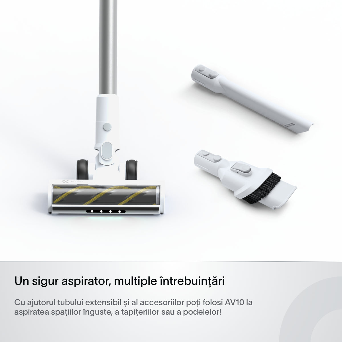 Aspirator vertical fara fir Koppel® AV10 linia Harnic, 250W, 32kPa, acumulator 8 celule autonomie 55 min, aspirator vertical & mana auto, masina, portabil, tub telescopic, suport perete incarcare wireless, filtrare ciclonica HEPA, display, perie LED, alb
