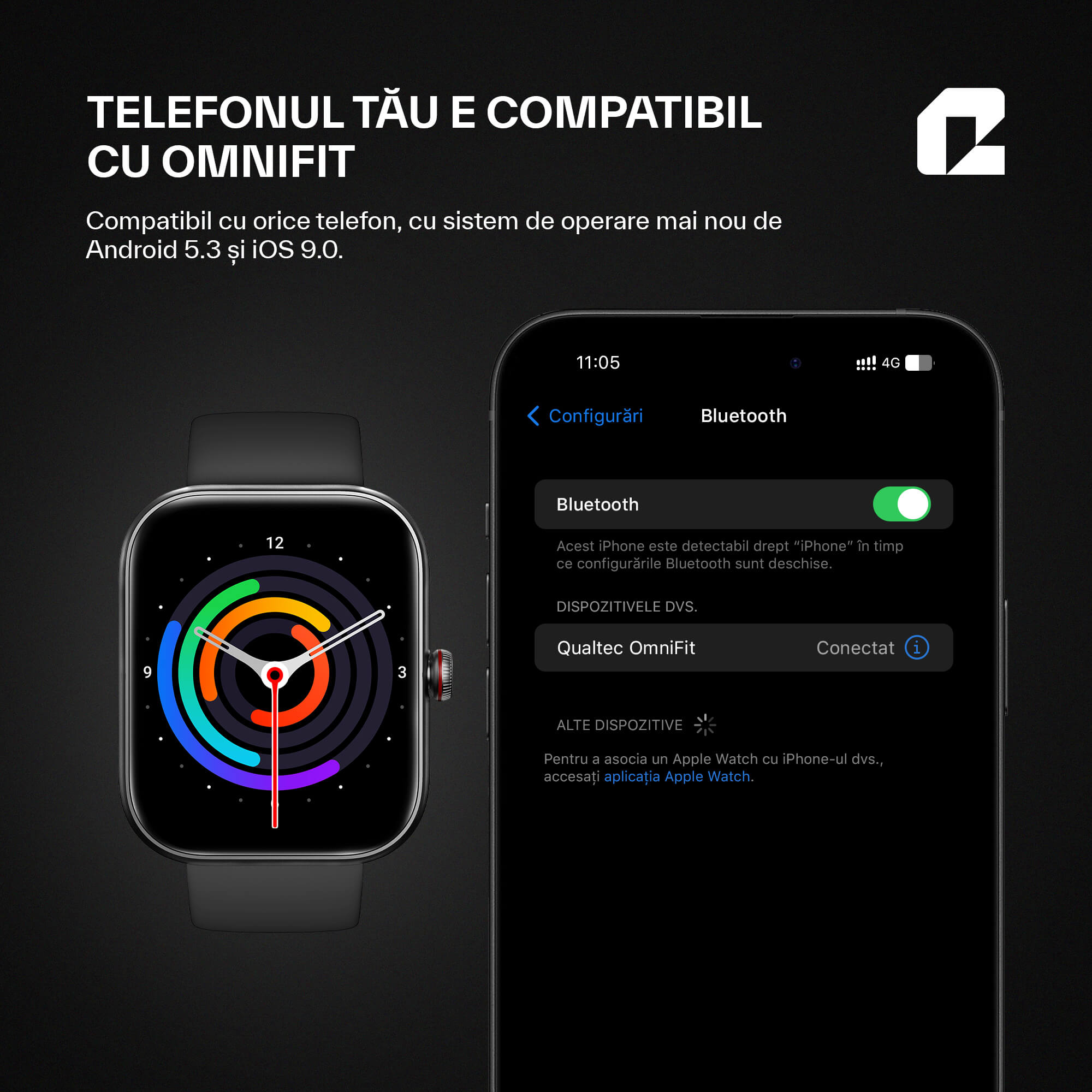 OmniFit qualtec smartwatch bluetooth compatibilitate universala telefon