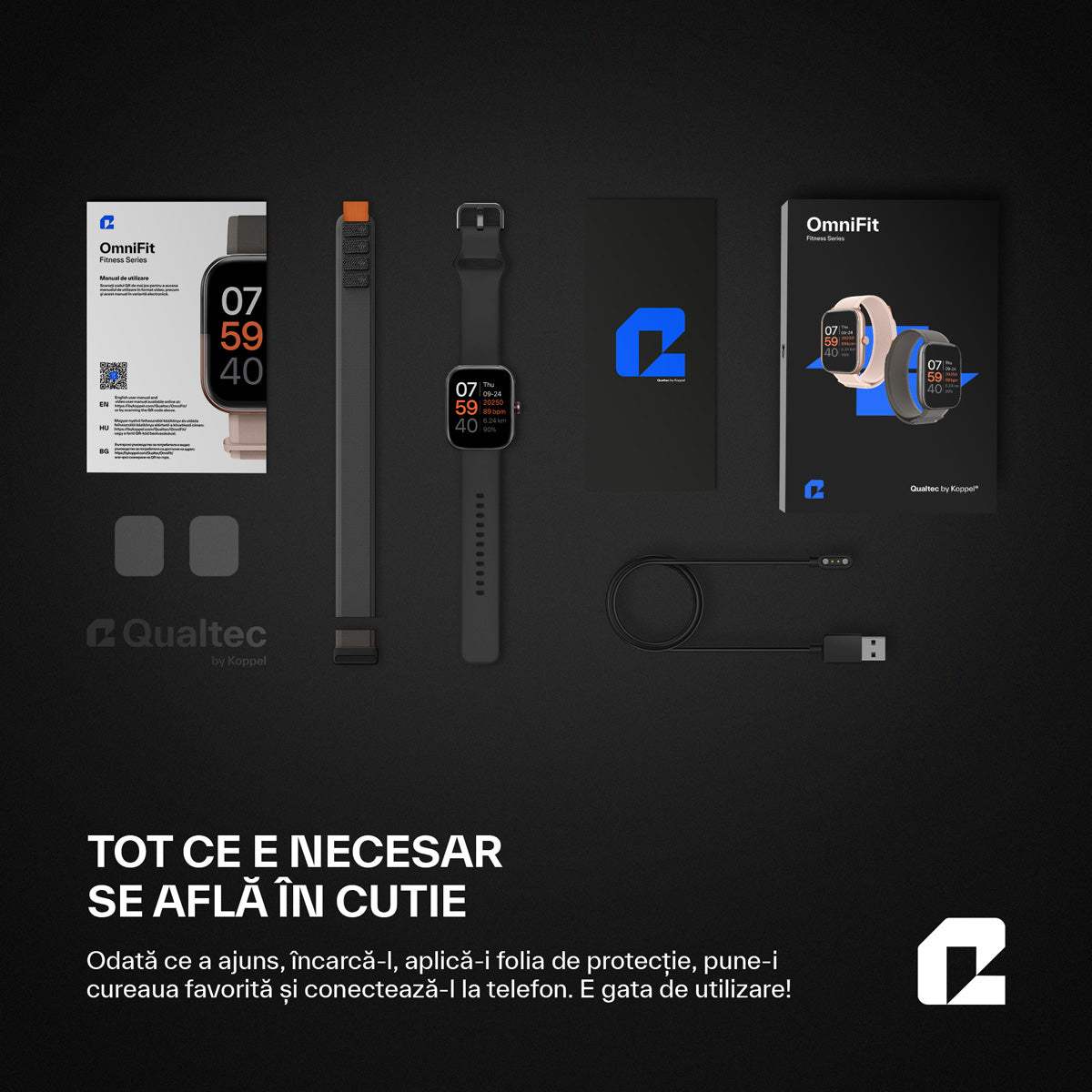continut pachet qualtec omnifit koppel ceas smartwatch negru
