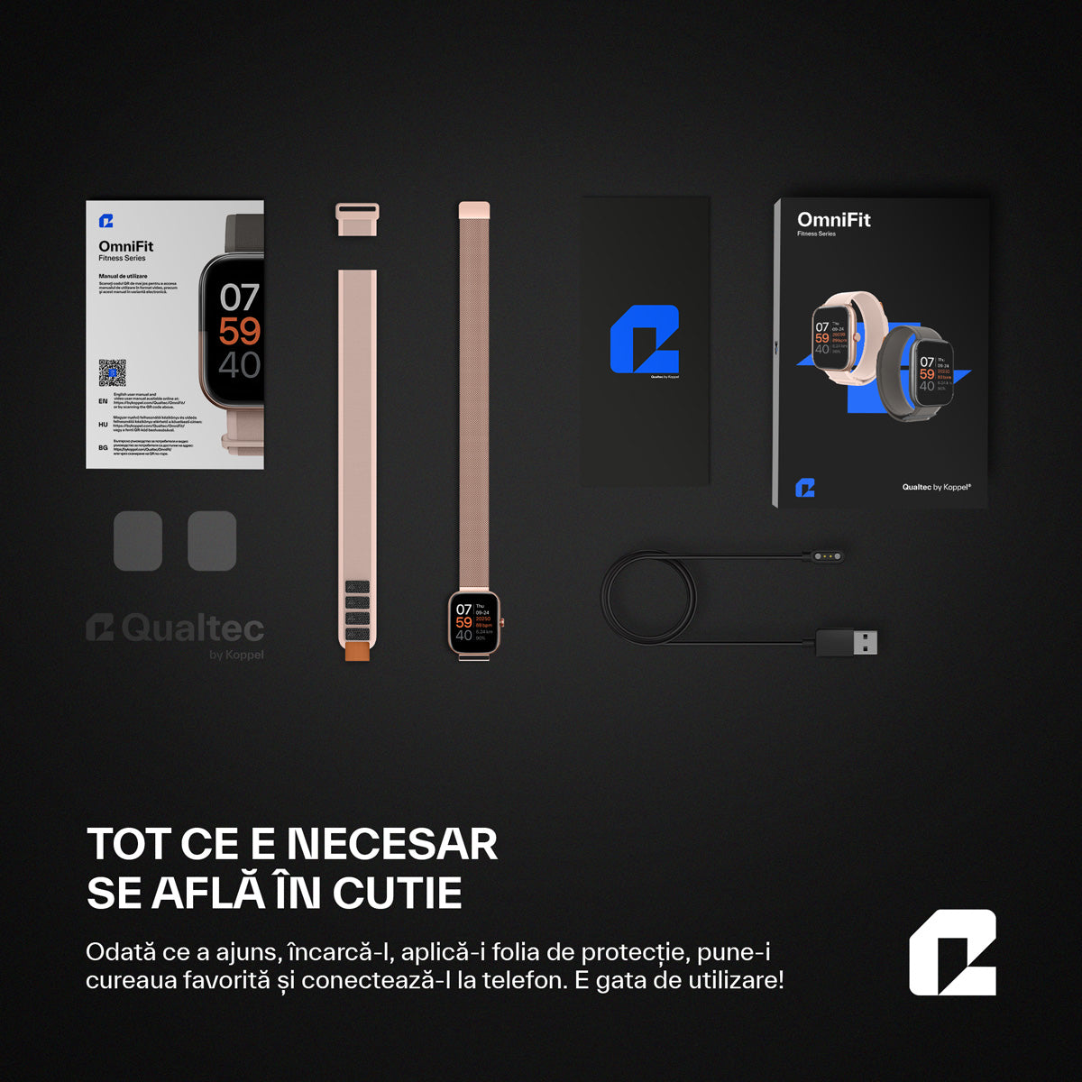 continut pachet qualtec omnifit koppel ceas smartwatch roz rose gold