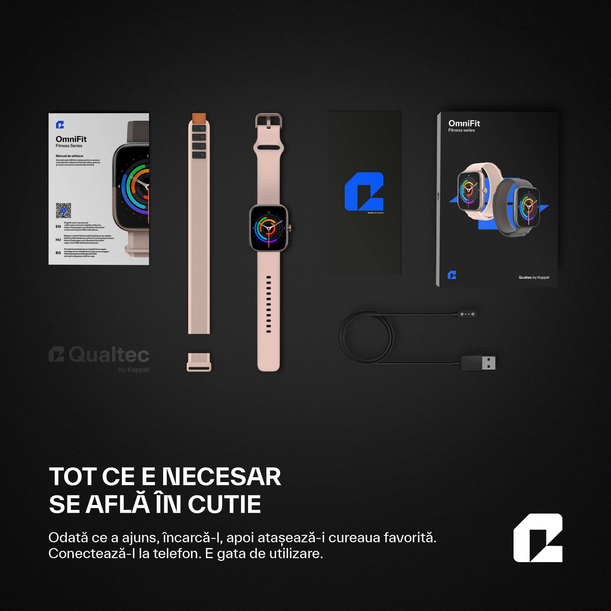 continut pachet qualtec omnifit koppel ceas smartwatch roz rose gold