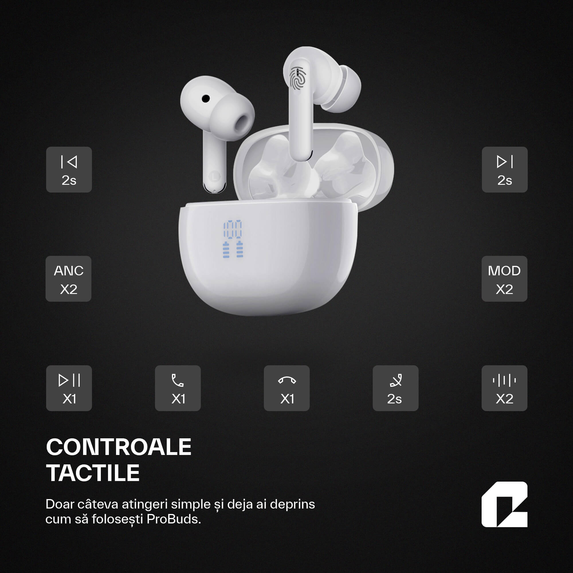 Căsti wireless Bluetooth cu noise cancelling, ProBuds, alb