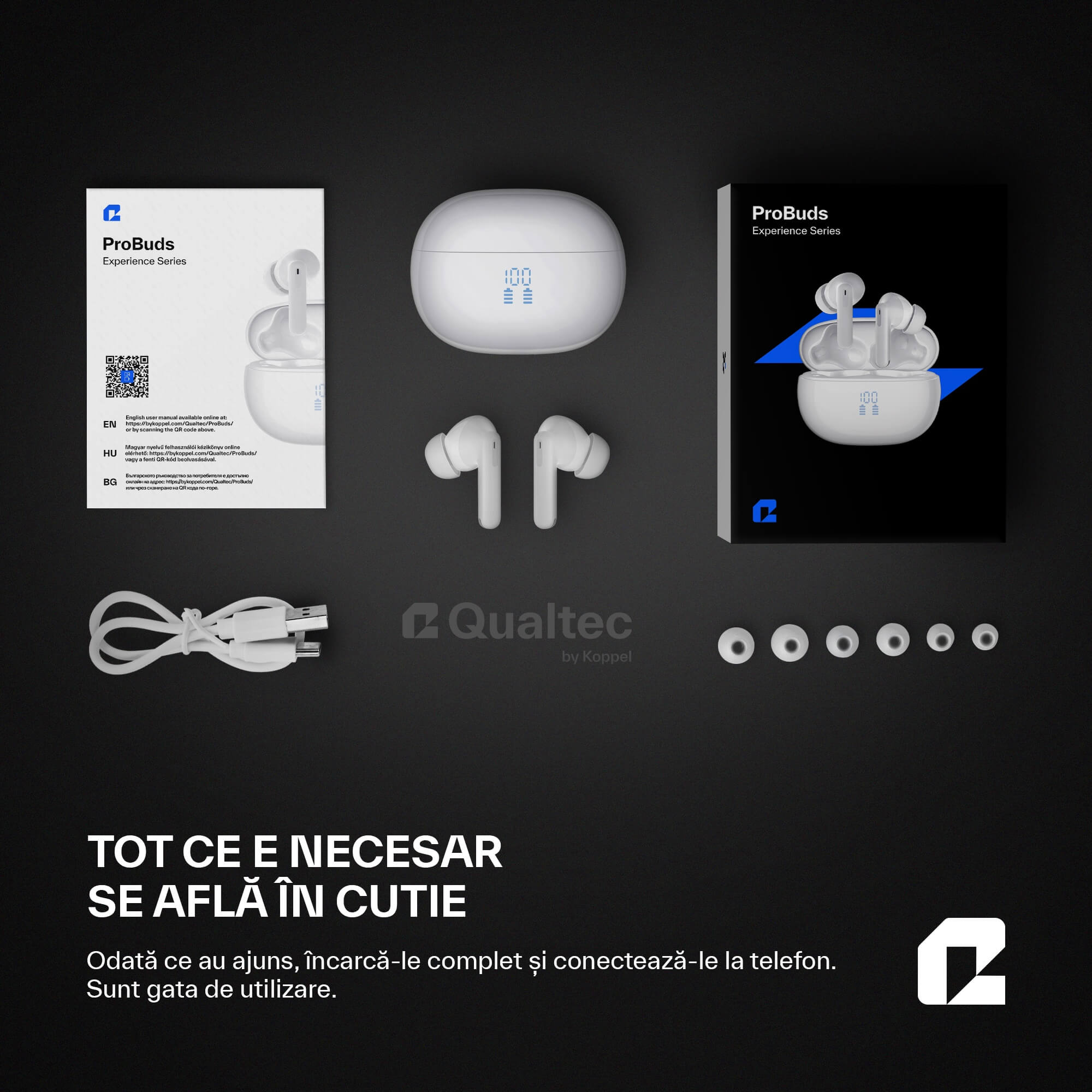 Căsti wireless Bluetooth cu noise cancelling, ProBuds, alb