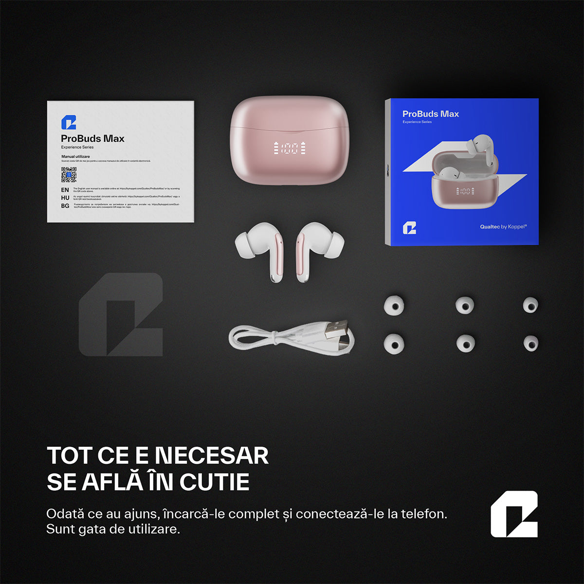 Căsti wireless Bluetooth cu noise cancelling, ProBuds Max, roz