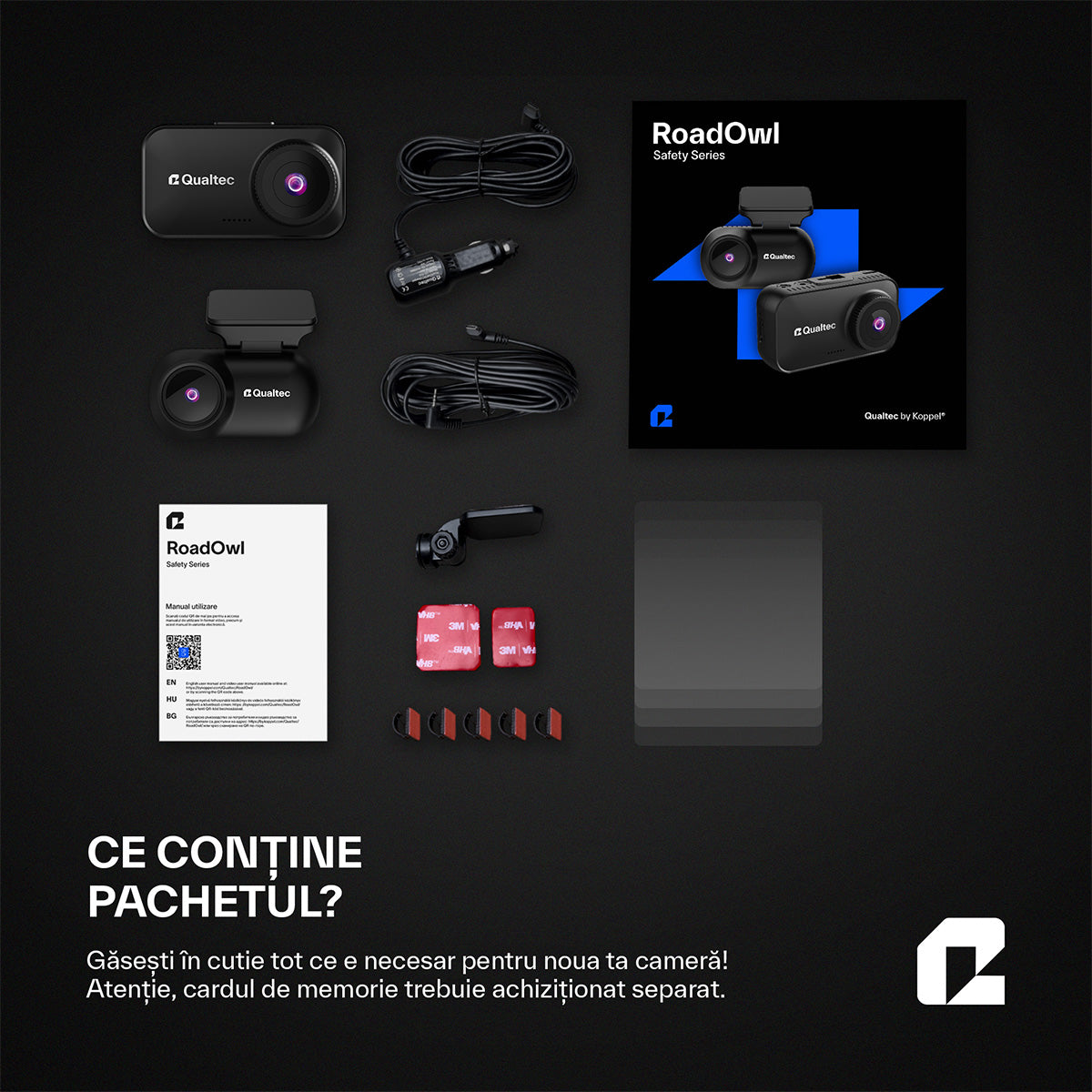 Camera de bord auto, RoadOwl Qualtec by Koppel®, rezolutie reala 2K, negru